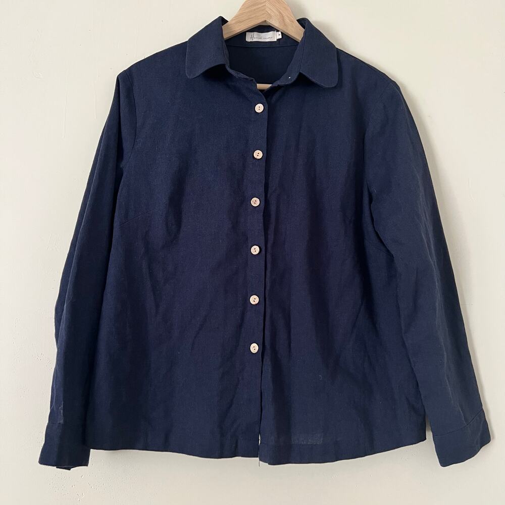 Hannah canvas 100% Linen Buttondown Navy Blue Top Lagenlook Relaxed Medium